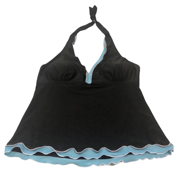Ekouear Other - EKOUEAR HALTER TANKINI TOP BLACK WITH BLUE RUFFLE TRIM SIZE SMALL NEW WITH TAGS